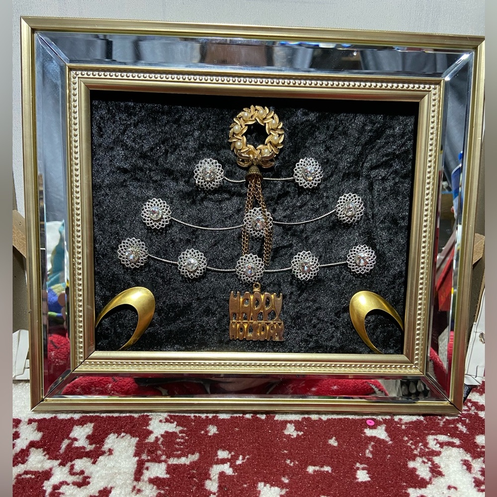 OOAK Handmade Framed Vintage & Modern Costume Jewelry Christmas Tree Mosaic Art.
